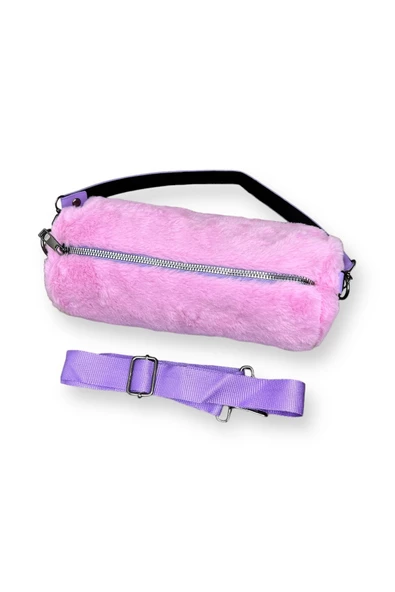 Me-vo Kadın Pembe Renkli Peluş Silindir Çanta - 2