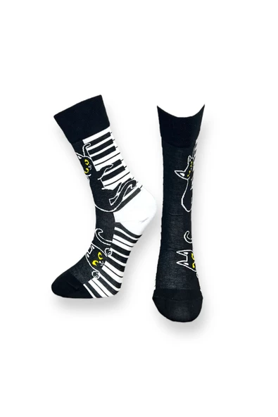 Me-vo Tekli Siyah Renkli Bay/Bayan Unisex Esnek Nem Alabilen Pamuklu Kedi Desenli Soket Çorap - Resim 2