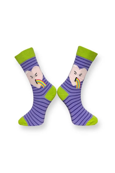 Me-vo Tekli Lila Renkli Bay/Bayan Unisex Esnek Nem Alabilen Pamuklu Rainbow Desenli Soket Çorap - Resim 2