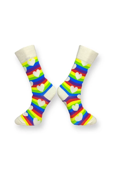 Me-vo Tekli Gökkuşağı Renkli Bay/Bayan Unisex Esnek Nem Alabilen Pamuklu Rainbow Desenli Soket Çorap - Resim 2