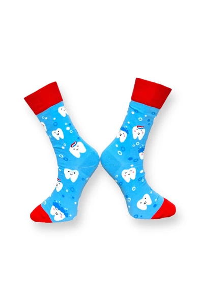 Me-vo Tekli Mavi Renkli Bay/Bayan Unisex Esnek Nem Alabilen Pamuklu Diş Desenli Soket Çorap - Resim 2