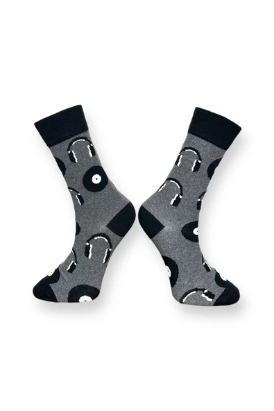 Me-vo Tekli Gri Renkli Bay/Bayan Unisex Esnek Nem Alabilen Pamuklu Müzikal Desenli Soket Çorap - Resim 2