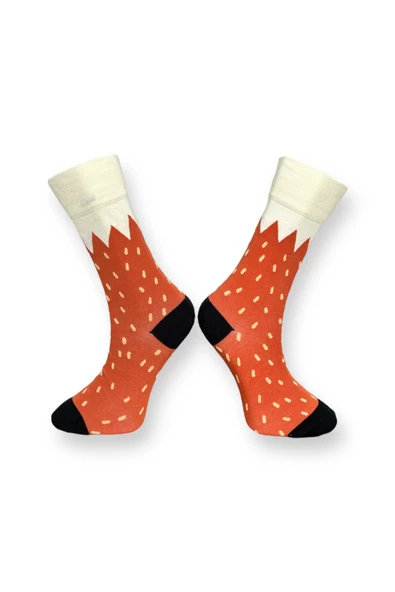 Me-vo Tekli Turuncu Renkli Bay/Bayan Unisex Esnek Nem Alabilen Pamuklu Tilki Desenli Soket Çorap - Resim 2