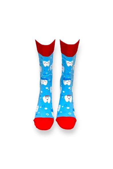 Me-vo Tekli Mavi Renkli Bay/Bayan Unisex Esnek Nem Alabilen Pamuklu Diş Desenli Soket Çorap - Resim 3