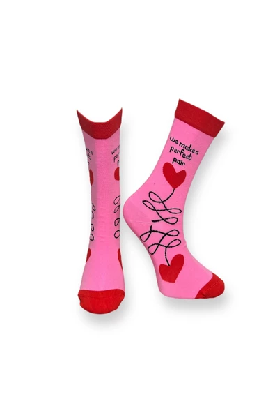 Me-vo Tekli Pembe Renkli Bay/Bayan Unisex Esnek Nem Alabilen Pamuklu Kalp Desenli Soket Çorap