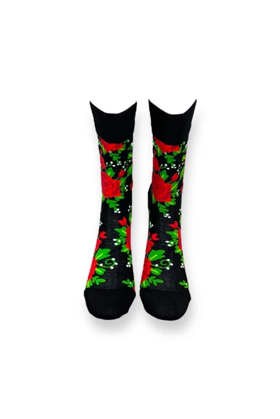 Me-vo Tekli Siyah Renkli Bay/Bayan Unisex Esnek Nem Alabilen Pamuklu Gül Desenli Soket Çorap - Resim 3