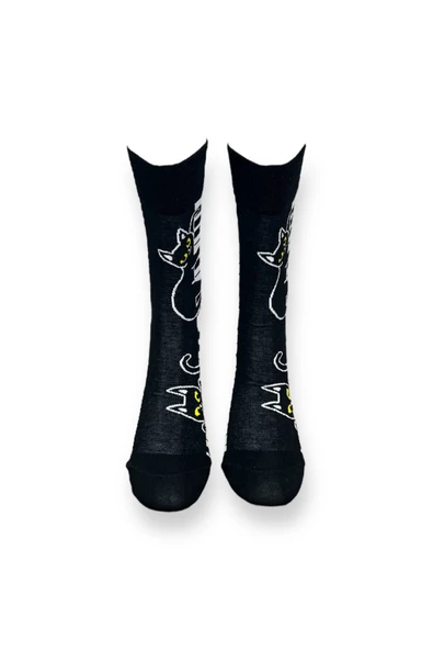 Me-vo Tekli Siyah Renkli Bay/Bayan Unisex Esnek Nem Alabilen Pamuklu Kedi Desenli Soket Çorap - Resim 3