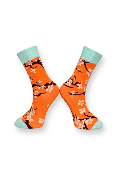 Me-vo Tekli Turuncu Renkli Bay/Bayan Unisex Esnek Nem Alabilen Pamuklu Ağaç Desenli Soket Çorap - Resim 2