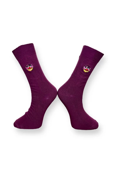 Me-vo Tekli Bordo Renkli Bay/Bayan Unisex Esnek Nem Alabilen Pamuklu Palyaço Desenli Soket Çorap - Resim 2