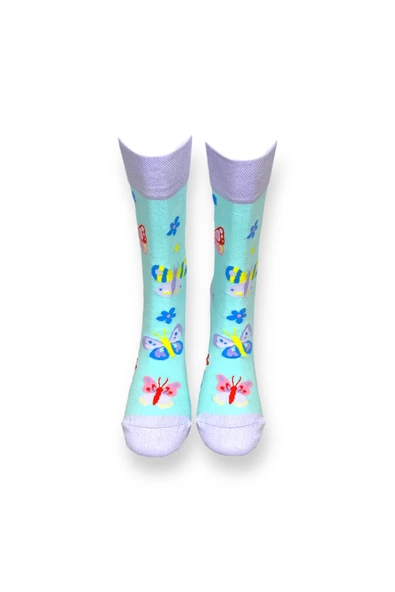 Me-vo Tekli Açık Mavi Renkli Bay/Bayan Unisex Esnek Nem Alabilen Pamuklu Kelebek Desenli Soket Çorap - Resim 3