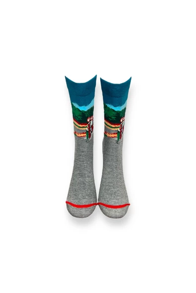 Me-vo Tekli Gri Renkli Bay/Bayan Unisex Esnek Nem Alabilen Pamuklu Manzara Desenli Soket Çorap - Resim 3