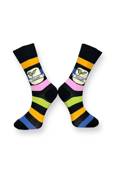 Me-vo Tekli Çok Renkli Bay/Bayan Unisex Esnek Nem Alabilen Pamuklu Organıc Yazılı Soket Çorap - Resim 2