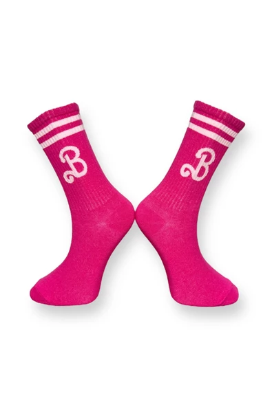 Me-vo Tekli Pembe Renkli Bay/Bayan Unisex Esnek Nem Alabilen Pamuklu B İşlemeli Soket Çorap - Resim 2