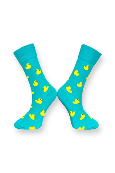 Me-vo Tekli Su Yeşili Renkli Bay/Bayan Unisex Esnek Nem Alabilen Pamuklu Ördek Desenli Soket Çorap - Resim 2