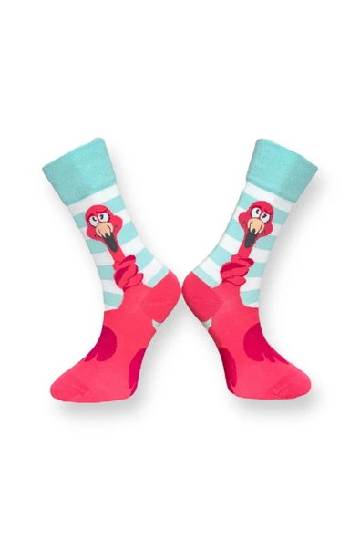 Me-vo Tekli Pembe Renkli Bay/Bayan Unisex Esnek Nem Alabilen Pamuklu Flamingo Desenli Soket Çorap - Resim 2