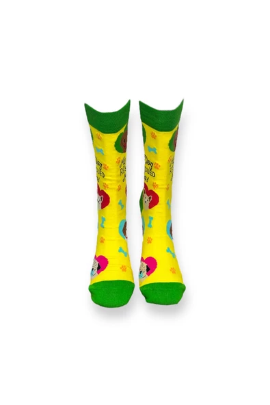Me-vo Tekli Sarı Renkli Bay/Bayan Unisex Esnek Nem Alabilen Pamuklu Köpek Desenli Soket Çorap - Resim 3