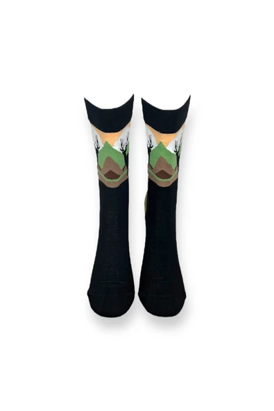 Me-vo Tekli Siyah Renkli Bay/Bayan Unisex Esnek Nem Alabilen Pamuklu Geyik Desenli Soket Çorap - Resim 3