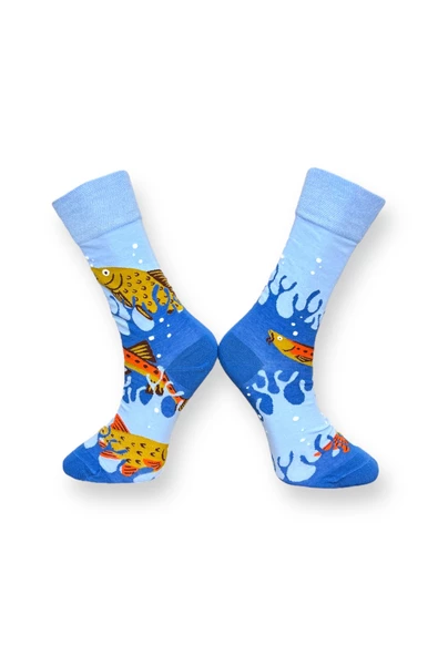 Me-vo Tekli Mavi Renkli Bay/Bayan Unisex Esnek Nem Alabilen Pamuklu Balık Desenli Soket Çorap - Resim 2