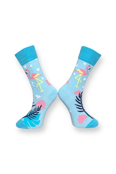 Me-vo Tekli Bebe Mavisi Renkli Bay/Bayan Unisex Esnek Nem Alabilen Pamuklu Flamingo Desenli Soket Çorap - Resim 2