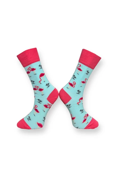 Me-vo Tekli Bebe Mavisi Renkli Bay/Bayan Unisex Esnek Nem Alabilen Pamuklu Flamingo Desenli Soket Çorap - Resim 2