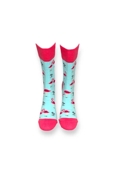 Me-vo Tekli Bebe Mavisi Renkli Bay/Bayan Unisex Esnek Nem Alabilen Pamuklu Flamingo Desenli Soket Çorap - Resim 3