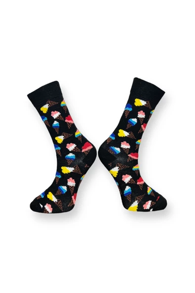 Me-vo Tekli Siyah Renkli Bay/Bayan Unisex Esnek Nem Alabilen Pamuklu Dondurma Desenli Soket Çorap - Resim 2