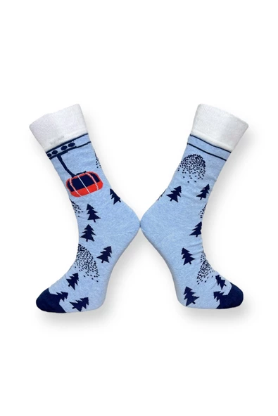Me-vo Tekli Açık Mavi Renkli Bay/Bayan Unisex Esnek Nem Alabilen Pamuklu Teleferik Desenli Soket Çorap - Resim 2
