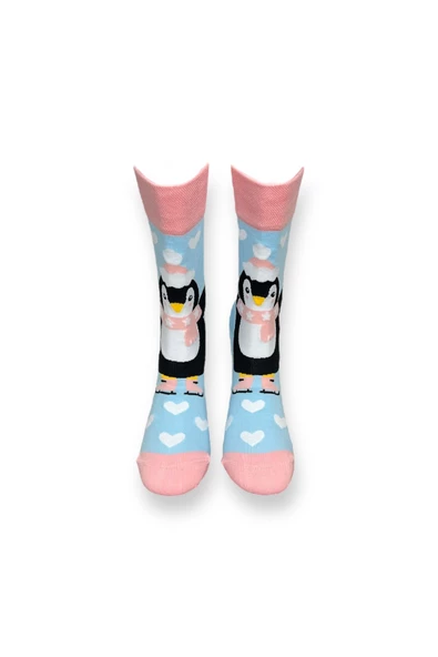 Me-vo Tekli Açık Mavi Renkli Bay/Bayan Unisex Esnek Nem Alabilen Pamuklu Penguen Desenli Soket Çorap - Resim 3