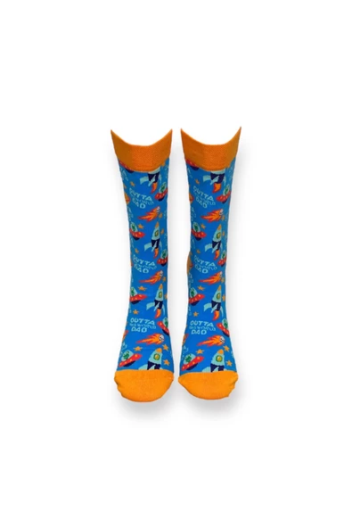 Me-vo Tekli Mavi Renkli Bay/Bayan Unisex Esnek Nem Alabilen Pamuklu Uzaylı Desenli Soket Çorap - Resim 3