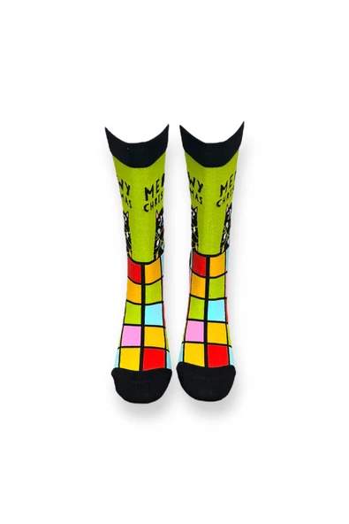 Me-vo Tekli Yeşil Renkli Bay/Bayan Unisex Esnek Nem Alabilen Pamuklu Kedi Desenli Soket Çorap - Resim 3