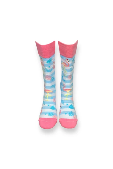 Me-vo Tekli Açık Mavi Renkli Bay/Bayan Unisex Esnek Nem Alabilen Pamuklu Flamingo Desenli Soket Çorap - Resim 3