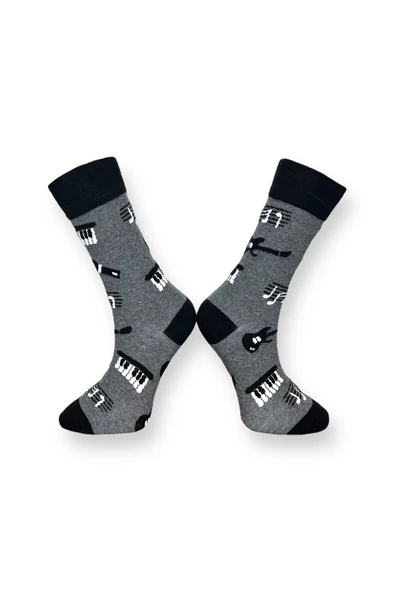 Me-vo Tekli Gri Renkli Bay/Bayan Unisex Esnek Nem Alabilen Pamuklu Nota Desenli Soket Çorap - Resim 2
