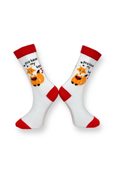 Me-vo Tekli Beyaz Renkli Bay/Bayan Unisex Esnek Nem Alabilen Pamuklu Tilki Desenli Soket Çorap - Resim 2