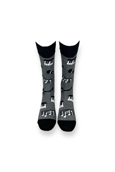 Me-vo Tekli Gri Renkli Bay/Bayan Unisex Esnek Nem Alabilen Pamuklu Nota Desenli Soket Çorap - Resim 3