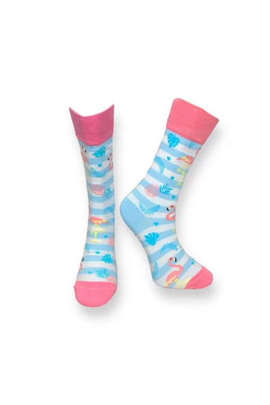 Me-vo Tekli Açık Mavi Renkli Bay/Bayan Unisex Esnek Nem Alabilen Pamuklu Flamingo Desenli Soket Çorap