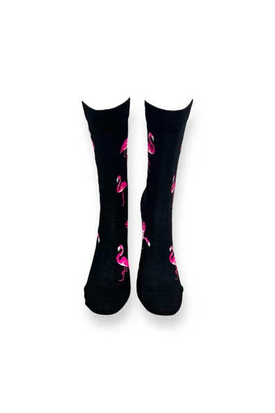 Me-vo Tekli Siyah Renkli Bay/Bayan Unisex Esnek Nem Alabilen Pamuklu Flamingo Desenli Soket Çorap - 3