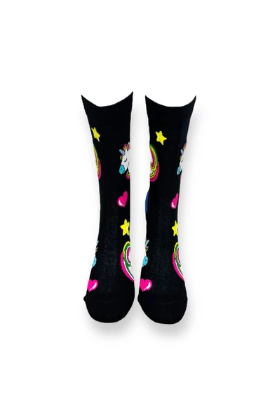 Me-vo Tekli Siyah Renkli Bay/Bayan Unisex Esnek Nem Alabilen Pamuklu Unicorn Desenli Soket Çorap - Resim 3