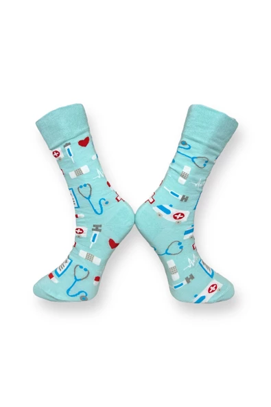 Me-vo Tekli Açık Mavi Renkli Bay/Bayan Unisex Esnek Nem Alabilen Pamuklu Nurse Yazılı Soket Çorap - Resim 2