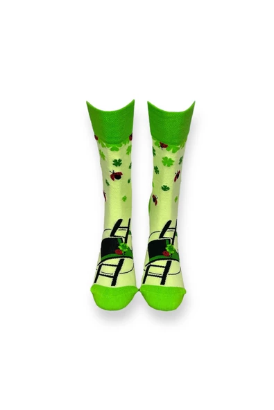 Me-vo Tekli Yeşil Renkli Bay/Bayan Unisex Esnek Nem Alabilen Pamuklu Yonca Desenli Soket Çorap - Resim 3