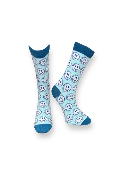 Me-vo Tekli Mavi Renkli Bay/Bayan Unisex Esnek Nem Alabilen Pamuklu Emoji Desenli Soket Çorap