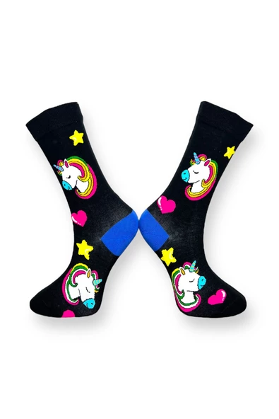 Me-vo Tekli Siyah Renkli Bay/Bayan Unisex Esnek Nem Alabilen Pamuklu Unicorn Desenli Soket Çorap - Resim 2