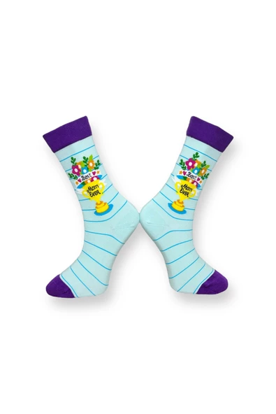 Me-vo Tekli Açık Mavi Renkli Bay/Bayan Unisex Esnek Nem Alabilen Pamuklu Best Mom Yazılı Soket Çorap - Resim 2