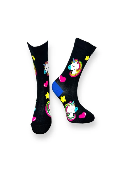 Me-vo Tekli Siyah Renkli Bay/Bayan Unisex Esnek Nem Alabilen Pamuklu Unicorn Desenli Soket Çorap