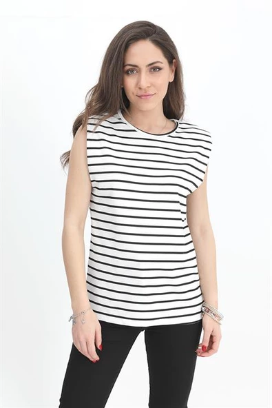 T-shirt Omuzları Vatkalı Kolsuz Çizgili - Beyaz ürün görseli 1