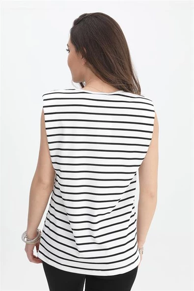 T-shirt Omuzları Vatkalı Kolsuz Çizgili - Beyaz - Resim 4