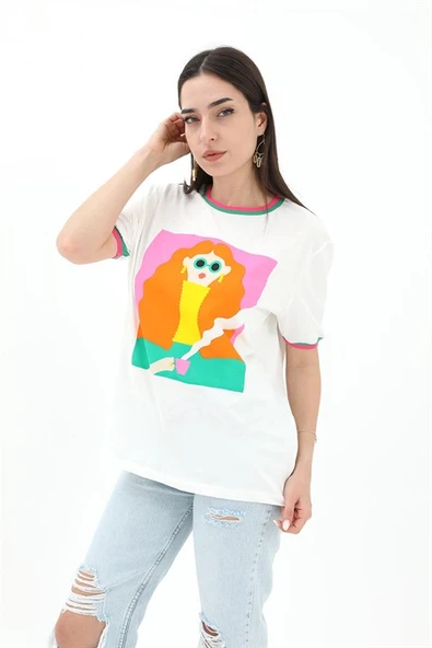 Kız Baskılı T-Shirt - Ekru - Resim 2