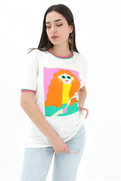 Kız Baskılı T-Shirt - Ekru ürün görseli 1