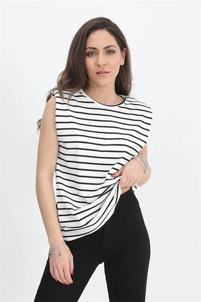 T-shirt Omuzları Vatkalı Kolsuz Çizgili - Beyaz - Resim 3