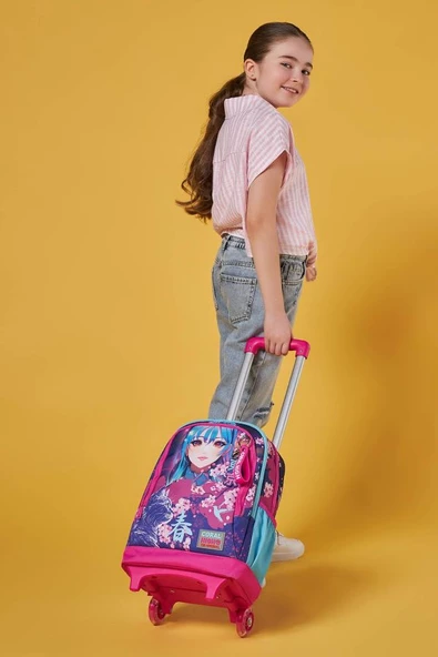 Coral High Işıklı Tekerlekli Mor Pembe Anime Kedi Çekçek Okul Çantası - Kız Çocuk - Resim 3