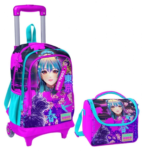 Coral High Mor Pembe Anime Kedi Işıklı Tekerlekli Okul Çantası ve Beslenme Seti - Kız Çocuk